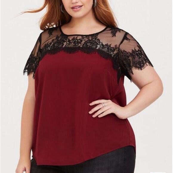 NWT TORRID Short Sleeve Red Satin With Lace Trim Blouse - Picture 1 of 6